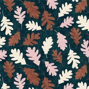 Cream, rust, pink oak leaves on blue background - large scale