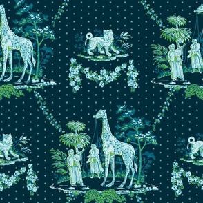 Giraffes and Tigers Oh My Chinoiserie in Blue Green
