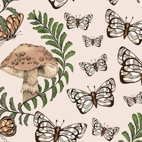 Large Scale // Mushrooms Ferns Butterflies on Light Background