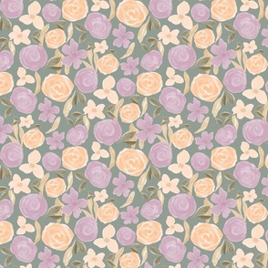 Orange and Purple Watercolor Rose Garden in light teal background