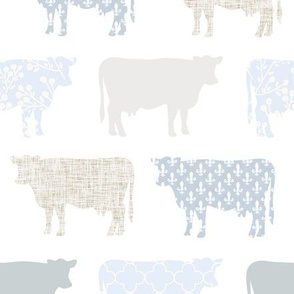 3" tall light french blue cows: coastal chic, floral cows, cottagecore wallpaper, cottage farm