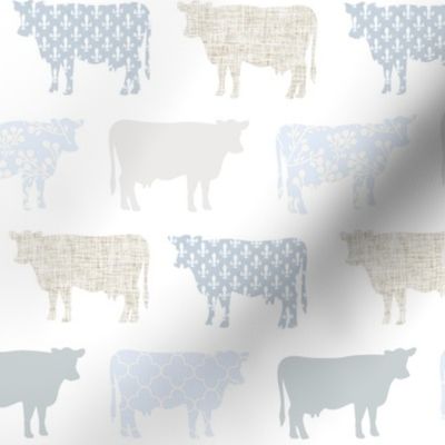 2" tall light french blue cows: coastal chic, floral cows, cottagecore wallpaper, cottage farm