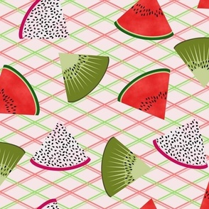 watermelon kiwi dragon fruit wedges argyle background