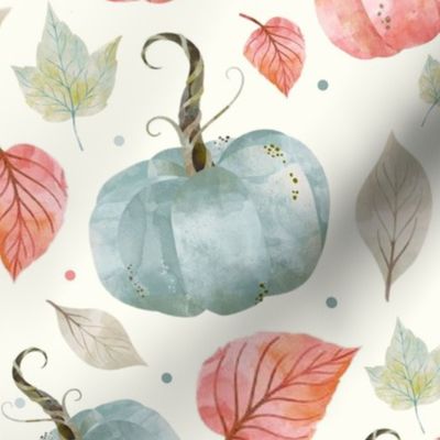 Large Scale Pastel Farmhouse Pumpkins and Leaves on Ivory