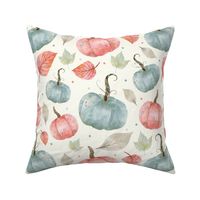 Large Scale Pastel Farmhouse Pumpkins and Leaves on Ivory