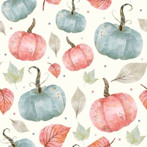 Large Scale Pastel Farmhouse Pumpkins and Leaves on Ivory