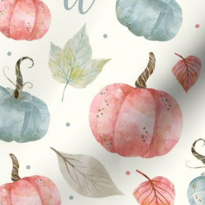 Large Scale I Love Fall Most of All Pastel Farmhouse Pumpkins and Leaves on Ivory
