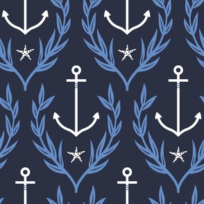 Nautical Anchor, Starfish and Seaweed in Midnight Blue, Blue and White