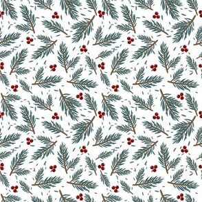 Christmas Tree Branches and Holly Berries Pattern, Small Scale