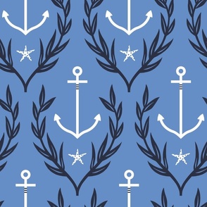 Nautical Anchor, Starfish and Seaweed in Blue, Midnight Blue and White