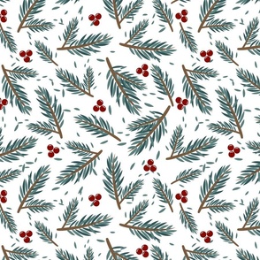 Christmas Tree Branches and Holly Berries Pattern, Medium Scale