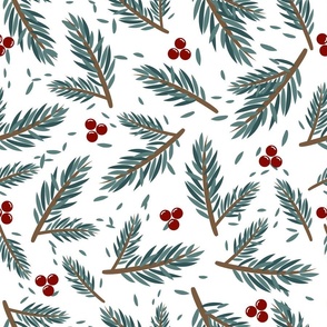 Christmas Tree Branches and Holly Berries Pattern, Large Scale