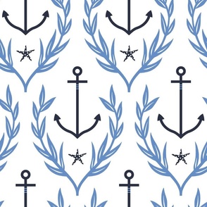 Nautical Anchor, Starfish and Seaweed in White, Blue and Midnight Blue