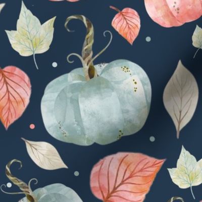 Large Scale Pastel Farmhouse Pumpkins and Leaves on Navy