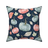 Large Scale Pastel Farmhouse Pumpkins and Leaves on Navy