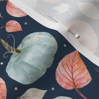 Medium Scale Pastel Farmhouse Pumpkins and Leaves on Navy