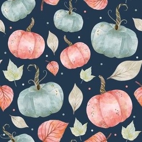 Medium Scale Pastel Farmhouse Pumpkins and Leaves on Navy