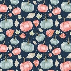 Small Scale Pastel Farmhouse Pumpkins and Leaves on Navy