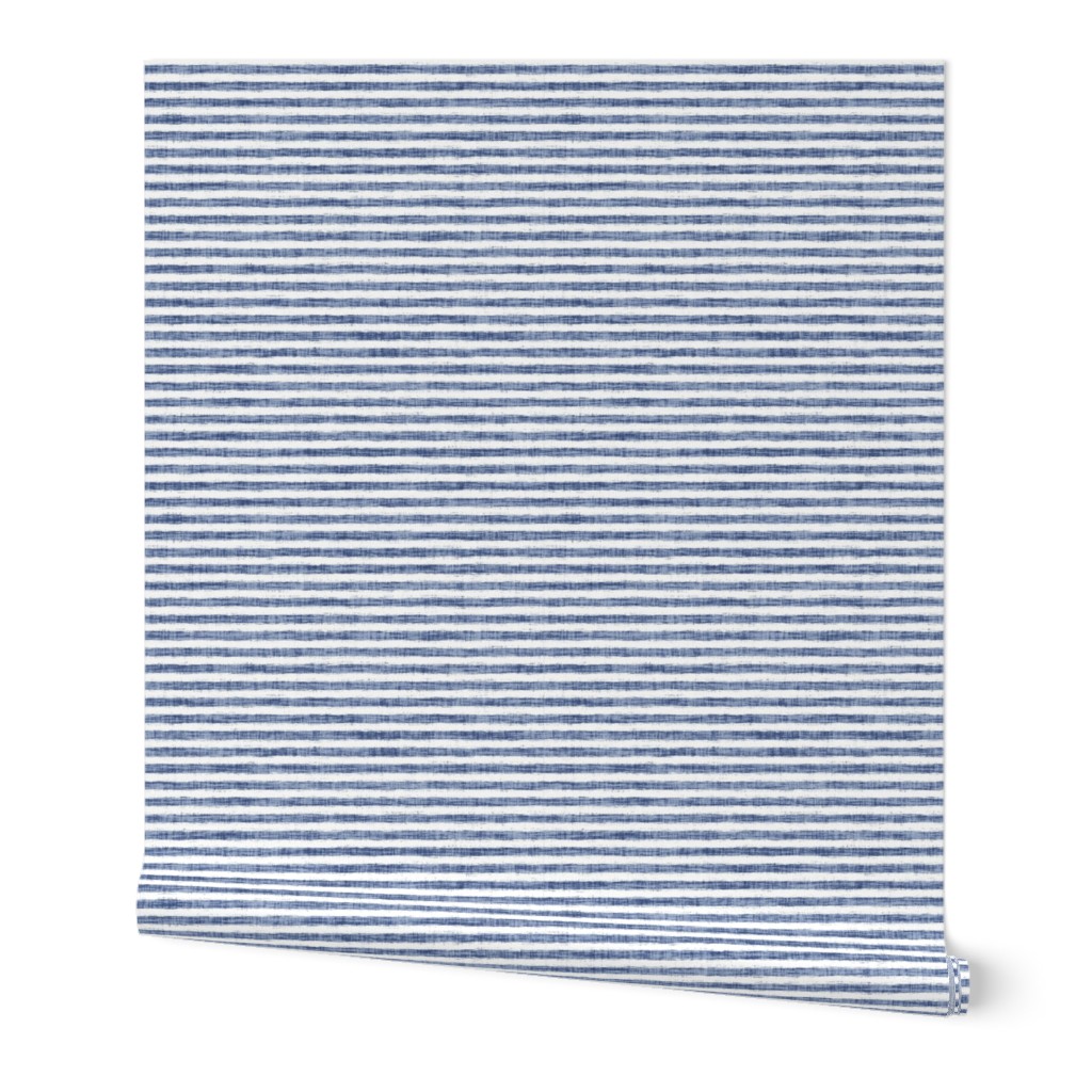 Wider Horizontal Sketchy White Stripes on Dusty Blue Woven Texture