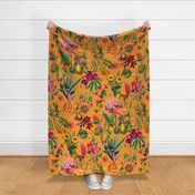 Tropical Jungle Flower And Fruit Garden Pattern On Yellow Orange Large Scale