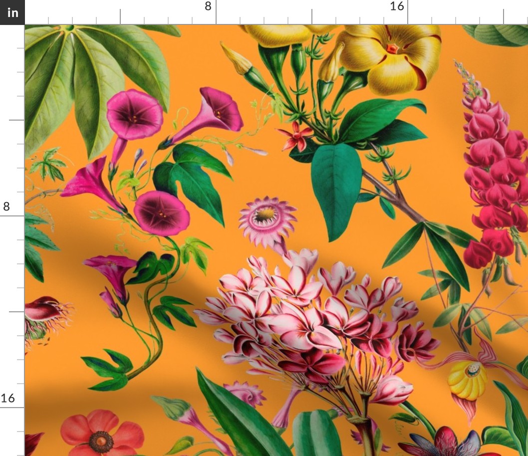 Tropical Jungle Flower And Fruit Garden Pattern On Yellow Orange Large Scale