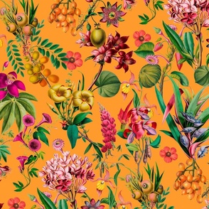 Tropical Jungle Flower And Fruit Garden Pattern On Yellow Orange Medium Scale