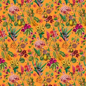 Tropical Jungle Flower And Fruit Garden Pattern On Yellow Orange Extra Small