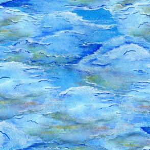 cloudy sky above watercolor abstract, jumbo large scale, blue green white yellow orange red