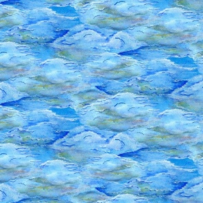 cloudy sky above watercolor abstract, medium large scale, blue green white yellow orange red