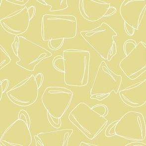 Tea cups and coffee mugs outline yellow 8x8
