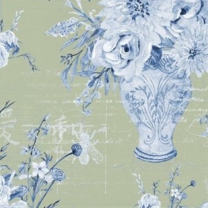 12" Chinoiserie Floral Vases Peony Flower in Blue and White over Sage by Audrey Jeanne