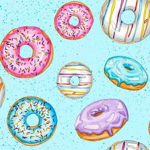 Watercolor Donuts Floating on splatter teal background