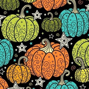 Swirly Pumpkins in Green, Teal, and Orange (Large Scale)