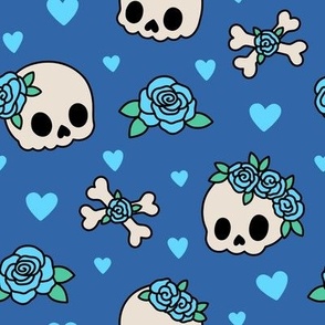 Kawaii Skulls & Roses on Blue (Large Scale)