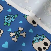 Kawaii Skulls & Roses on Blue (Medium Scale)