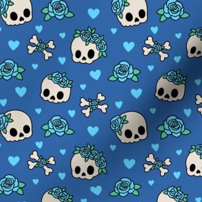 Kawaii Skulls & Roses on Blue (Medium Scale)