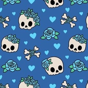 Kawaii Skulls & Roses on Blue (Medium Scale)