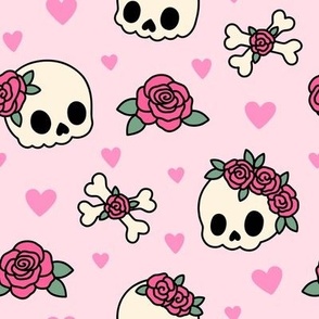 Kawaii Skulls & Roses on Pink (Large Scale)