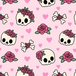 Kawaii Skulls & Roses on Pink (Medium Scale)