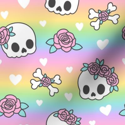 Kawaii Skulls & Roses on Pastel Rainbow Gradient (Large Scale)
