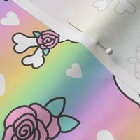 Kawaii Skulls & Roses on Pastel Rainbow Gradient (Large Scale)