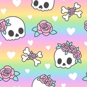 Kawaii Skulls & Roses on Pastel Rainbow Gradient (Large Scale)