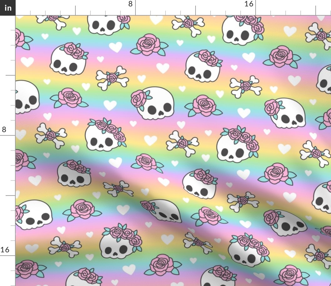 Kawaii Skulls & Roses on Pastel Rainbow Gradient (Large Scale)