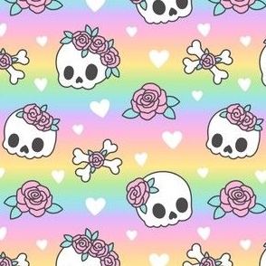 Kawaii Skulls & Roses on Pastel Rainbow Gradient (Medium Scale)