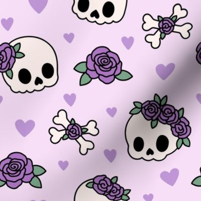 Kawaii Skulls & Roses on Purple (Large Scale)