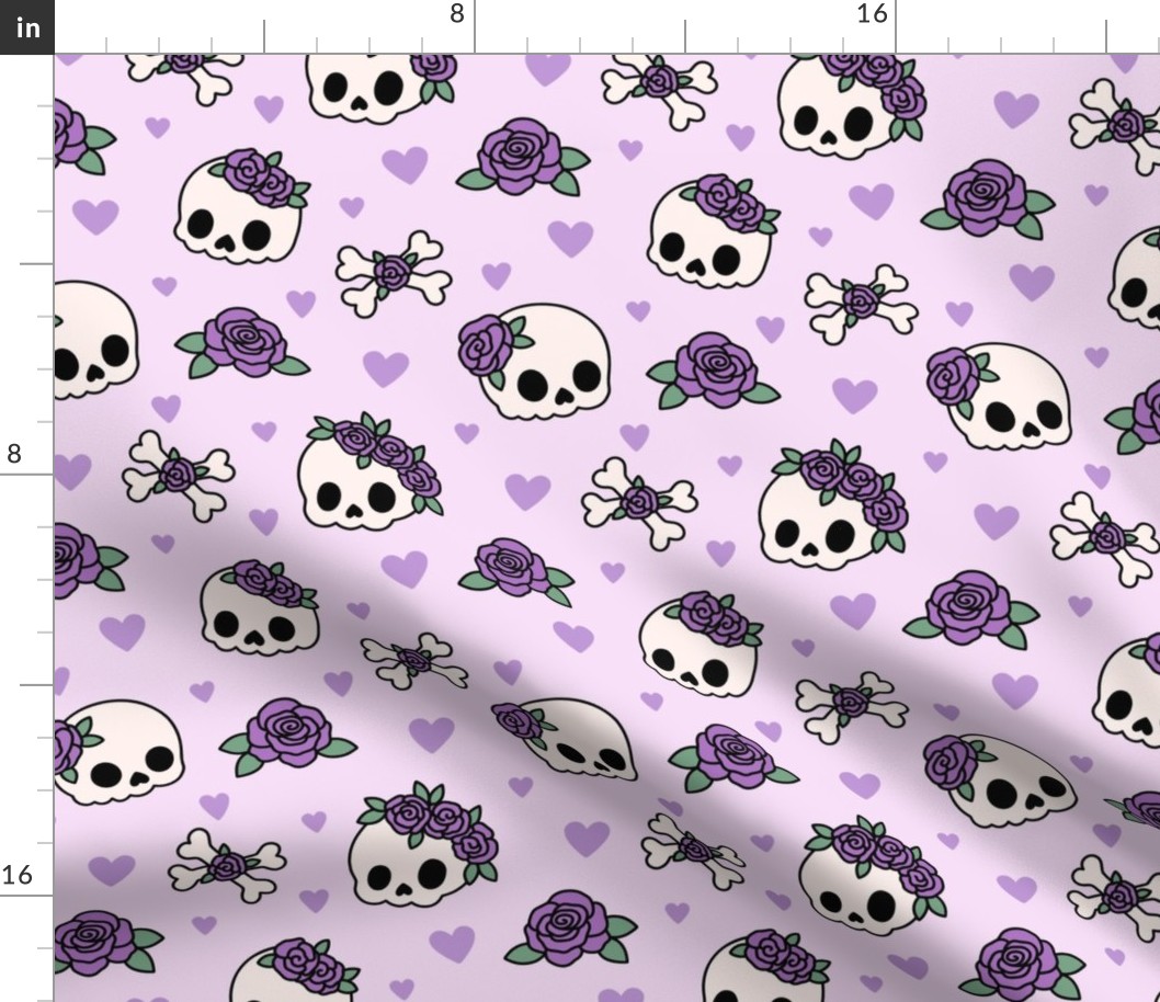 Kawaii Skulls & Roses on Purple (Large Scale)