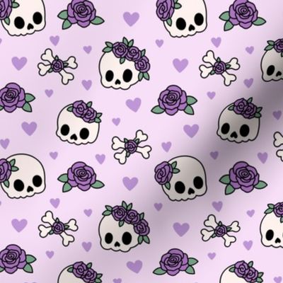 Kawaii Skulls & Roses on Purple (Medium Scale)