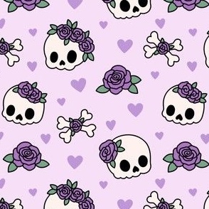 Kawaii Skulls & Roses on Purple (Medium Scale)