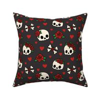 Kawaii Skulls & Roses in Red & Gray (Large Scale)