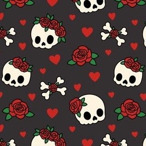 Kawaii Skulls & Roses in Red & Gray (Medium Scale)
